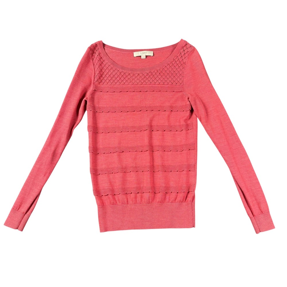 LOFT Womens Coral‎ Pink Scalloped Tiered Wool Blend Sweater XS Long Sleeve 755